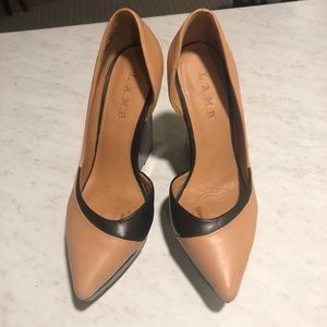 L.A.M.B. Connor Heels in Tan/Black w/ Acrylic Heel